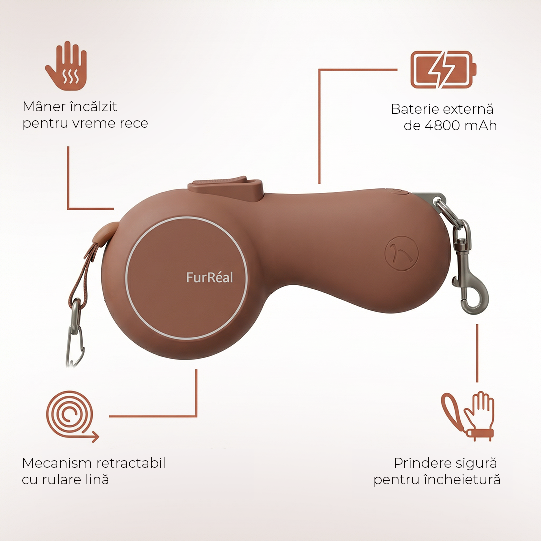 Lesă Retractabilă Smart cu Mâner Încălzit și Baterie Externă 4800 mAh pentru câini și pisici - FurReal X BRAUBRAU